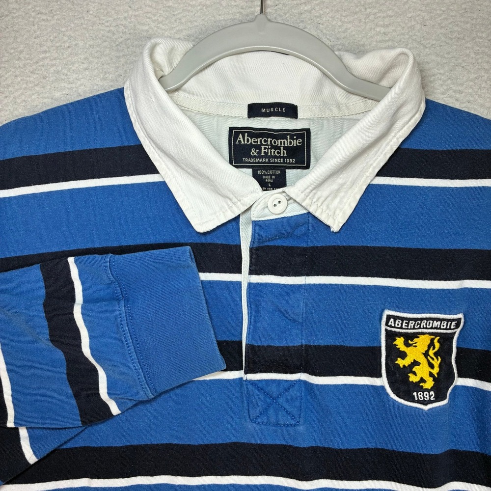 Vintage Abercrombie Fitch Rugby Shirt Men L Blue Striped Muscle Preppy Crest Y2K